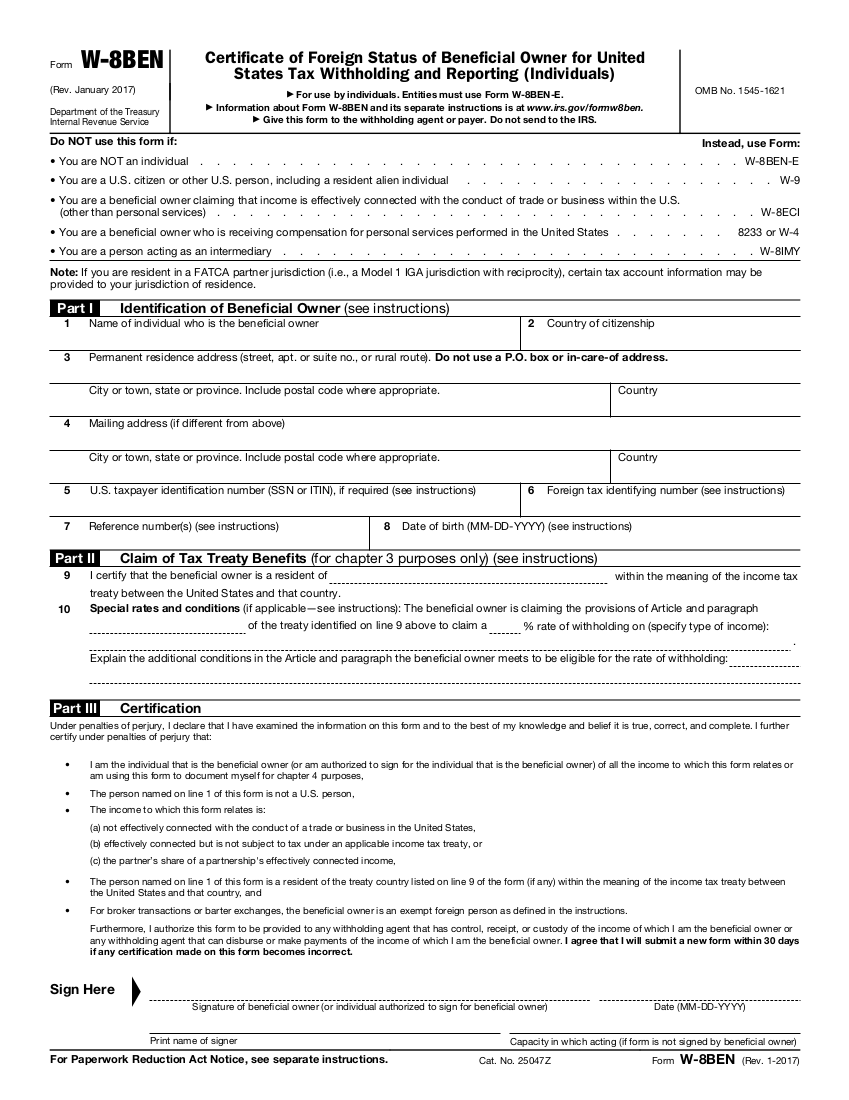 Form W-8 BEN (2017) Image