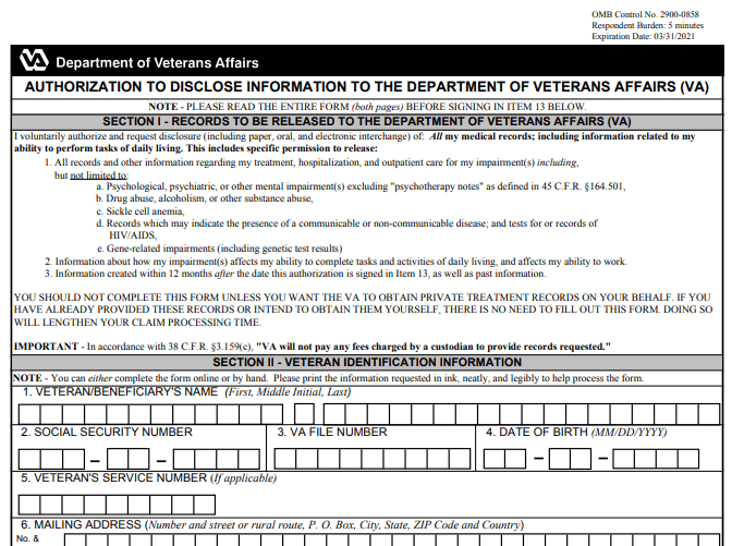 Form VA 21-4142 Image