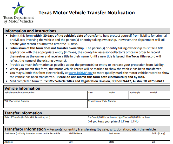 Form Texas Vehicle Transfer Notification Image