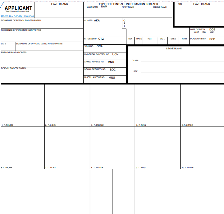 Form FD 258 Fingerprint Card Image