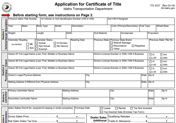 Form Idaho Vehicle Registration (ITD 3337) Image