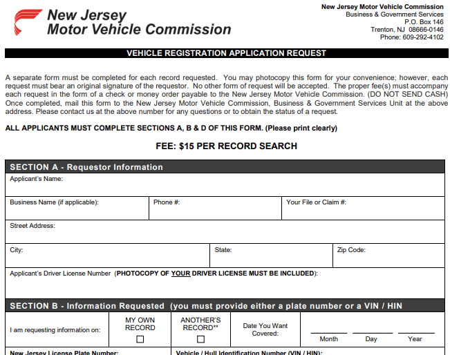 Form New Jersey Vehicle Registration Application Request Image