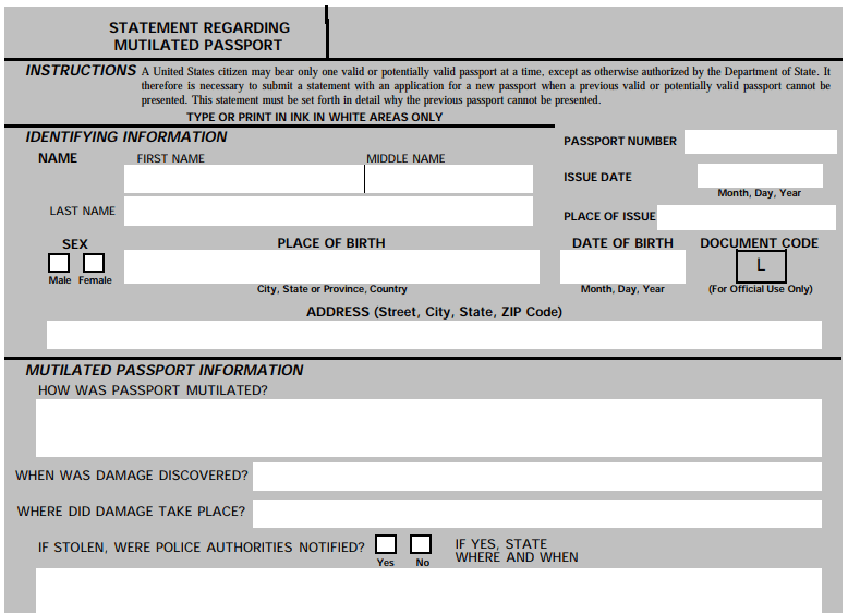 Form Statement Regarding Mutilated Passport Image
