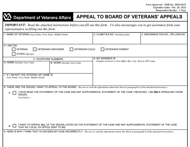 Form VA 9 Appeal Image