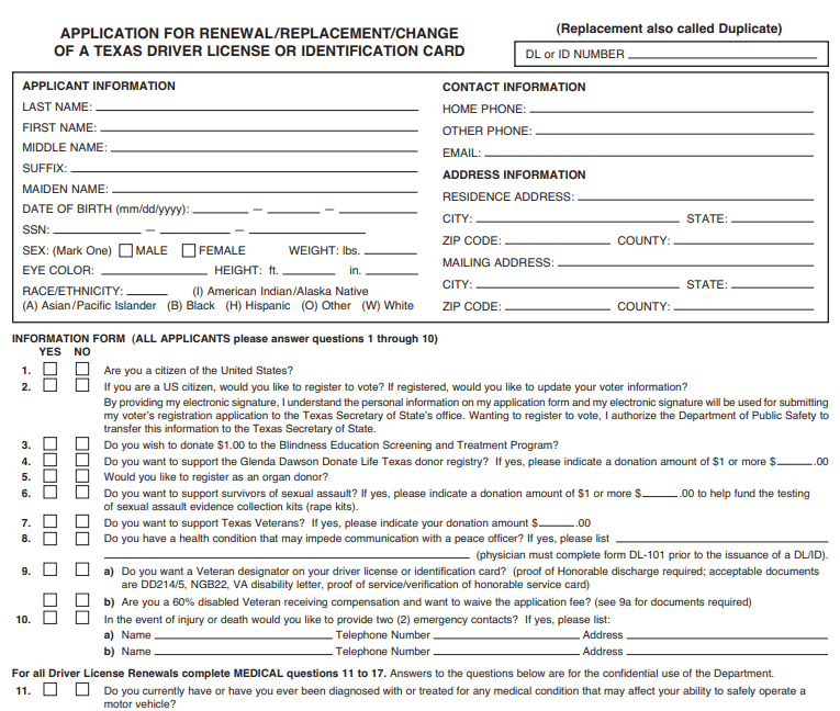 Form Renew Texas Drivers License Image