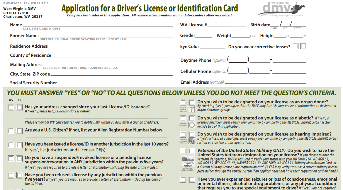 Form West Virginia Drivers License Renewal Image
