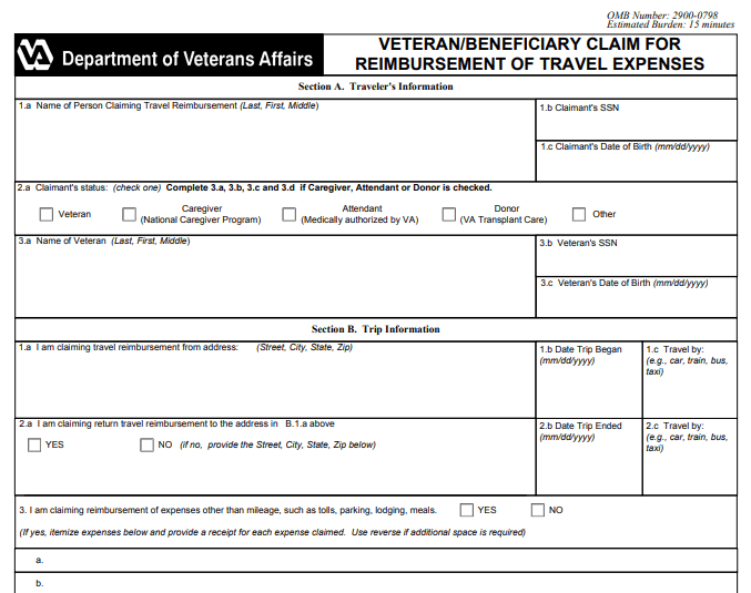 Form VA Travel Reimbursement 10-3542 Image