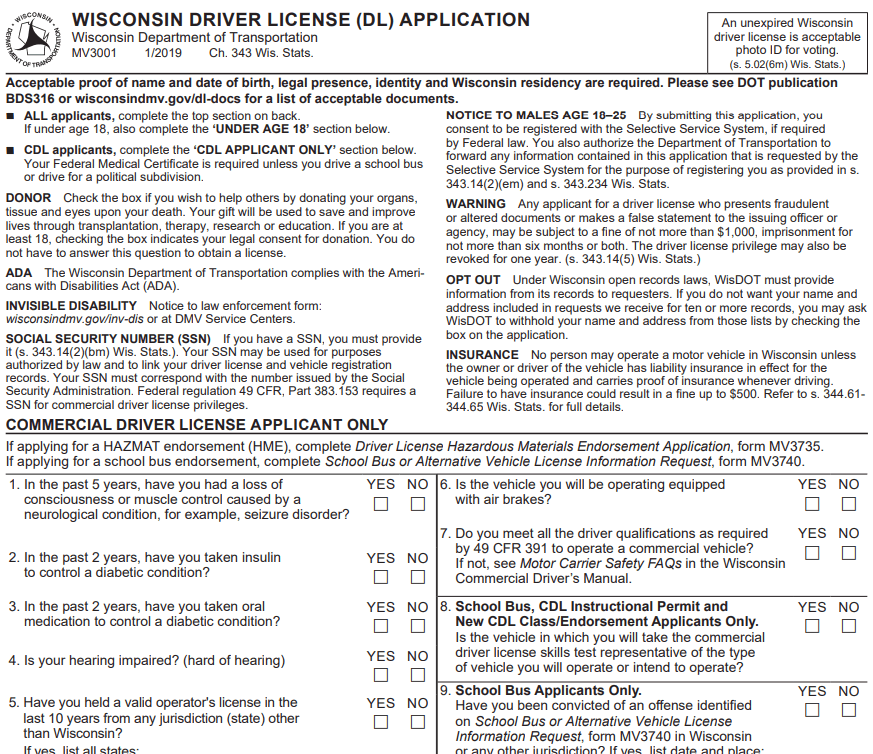 Form Wisconsin Drivers License Renewal (MV3001) Image