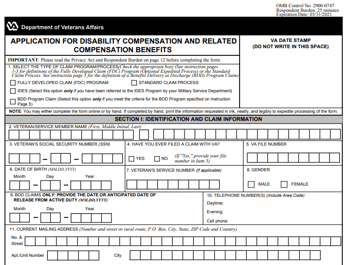 Form VA 21-526EZ Image