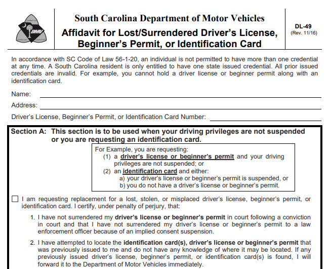 Form South Carolina Drivers License Replacement Image