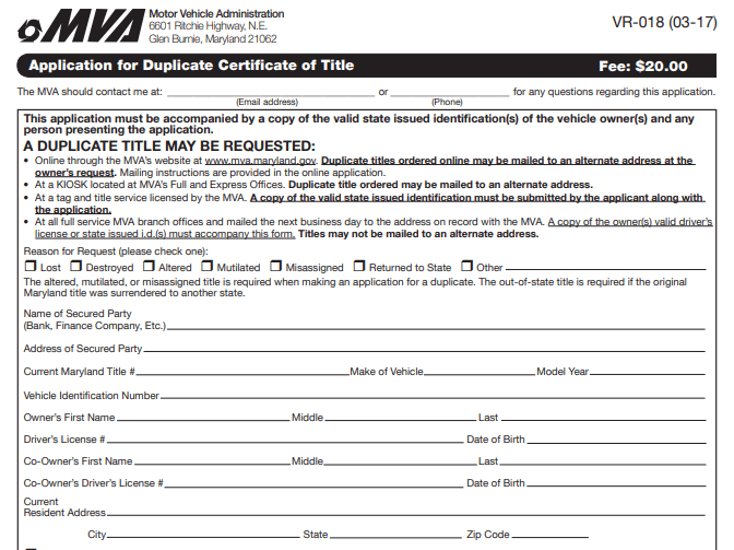 Form Maryland Duplicate Title Application (VR-018) Image