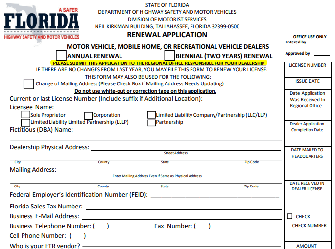 Form Florida Driver's License Renewal (HSMV 86720) Image