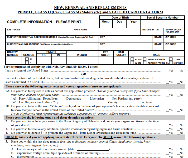 Form Drivers License Renewal in Nebraska Image