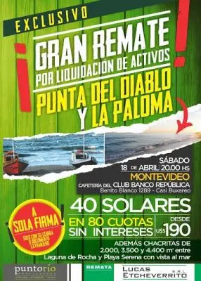 Evento Sábado 18 de abril: Gran Remate 40 solares en Punta del Diablo y La Paloma! Punta del Diablo
