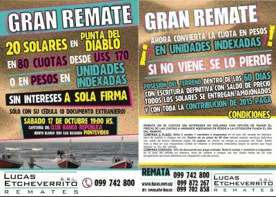 Evento Sábado 17 de octubre: Gran Remate 20 solares ubicados en Punta del Diablo Punta del Diablo