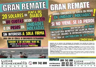 Evento Sábado 17 de octubre: Gran Remate 20 solares ubicados en Punta del Diablo Punta del Diablo