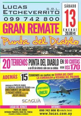Evento Gran remate de terrenos en Punta del Diablo, Barra del Chuy, La Esmeralda y Oceanía del Polonio! Rocha