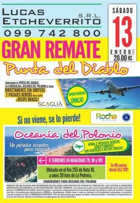 Evento Gran remate de terrenos en Punta del Diablo, Barra del Chuy, La Esmeralda y Oceanía del Polonio! Rocha