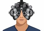 A person having an eye exam. Eye equipment is placed on the face. 