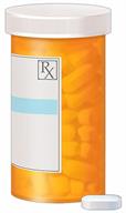 A prescription pill bottle with an example of a pill. 