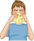 A child holding a cloth over the mouth and nose while sneezing or coughing.