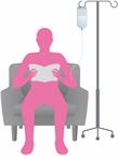 A person having an infusion with an IV in a vein while sitting in a chair reading a book.