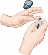 A person taking blood from a finger to check blood sugar levels.