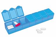 A pillbox with seven slots for storing pills. The lids for three slots are open, showing pills in two of the slots. 