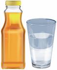A bottle of clear fruit juice and glass of water. 