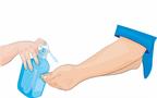 A person pumping some hand sanitizer from a bottle into another person's hands.
