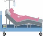 A person receiving fluids through an IV in the arm. The person is in a hospital bed.