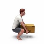 A person bending down and showing the correct posture to use when lifting a heavy object.