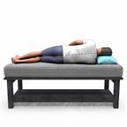 A person with one pillow sleeping on their side using the correct posture, keeping the back straight, shown by dashed line.