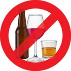 A bottle of beer, a glass of wine, and a glass of hard liquor with a "do not drink" sign over them. 