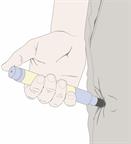 A person using an auto-injector pen in the thigh.
