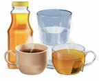 Clear liquid drinks, including water, tea, coffee, and juice.