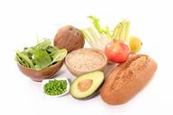 Fruits, vegetables, greens, seeds, and grain.