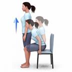 A person doing the sit-to-stand exercise, moving from sitting in a chair to standing up. 