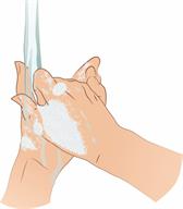 A person washing hands with soap and water.