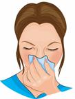 A person holding a cloth over the mouth and nose while coughing.
