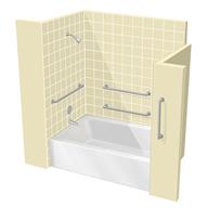 Shower and bathtub, showing safety grab bars on the walls.