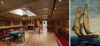 Cleopatra’s Barge at PEM. Right: Detail of George Ropes, Cleopatra’s Barge, 1818