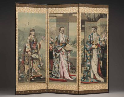 Yata Torakichi (Japan, California and San Francisco, 1857–1913) Screen, 1885 Wood, silk, paint. Japan, California, San Francisco. 66 3/4 x 74 inches (169.5 x 188 cm). Peabody Essex Museum, Gift of Mrs. Paul T. Haskell, 1981.