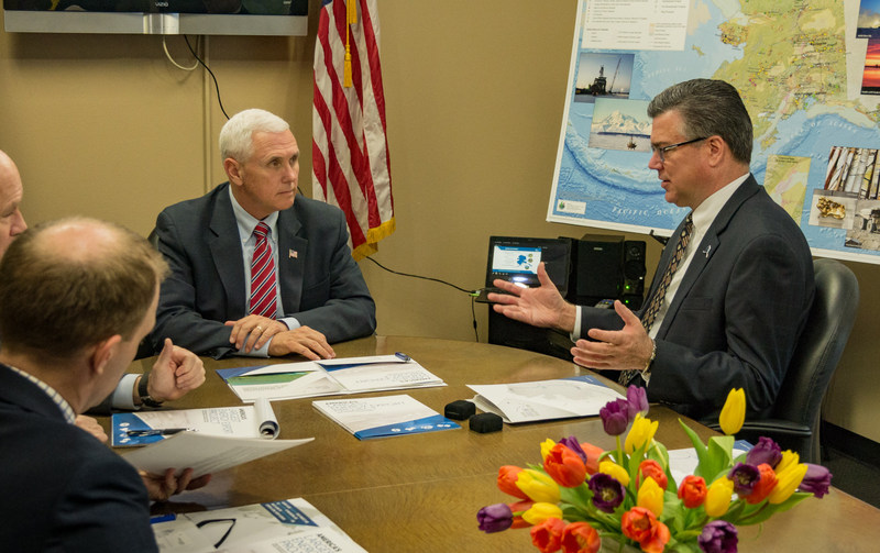 Alaska Gasline Development Corporation President Keith Meyer Discusses the Alaska LNG Project with US Vice President Mike Pence. Photo courtesy of Alaska Gasline Development Corp.