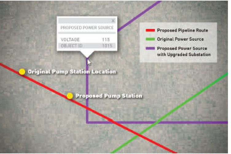 After considering the location and voltage of power lines and substations, survey and design teams proposed a new pipeline route.