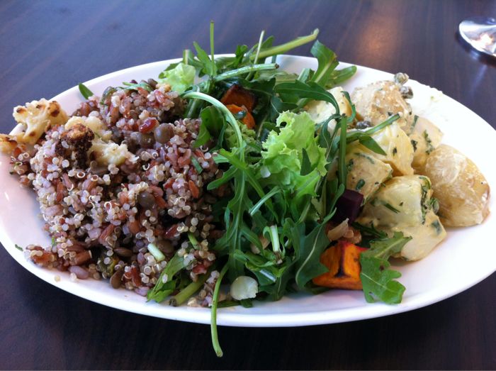 Rice, lentils, spicy cauliflower salad with rocket and Dijon potatoes