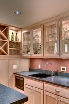 Lighted glass cabinetry, under counter microwave