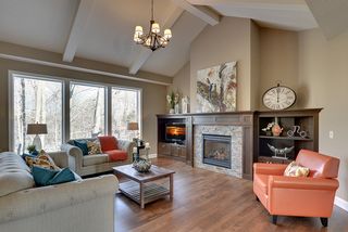 Stunning great room includes beams, vaults, slate fireplace, built ins and hardwood floorsand 