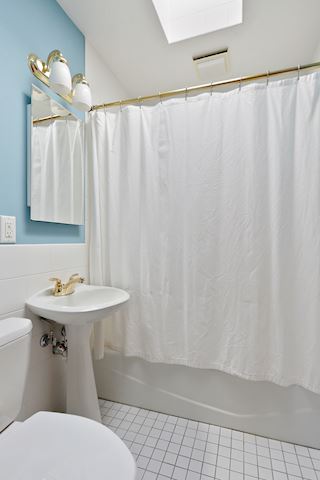 Full bath on main level has large skylight for natural light