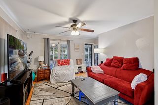 View from dining room to front door and porch.